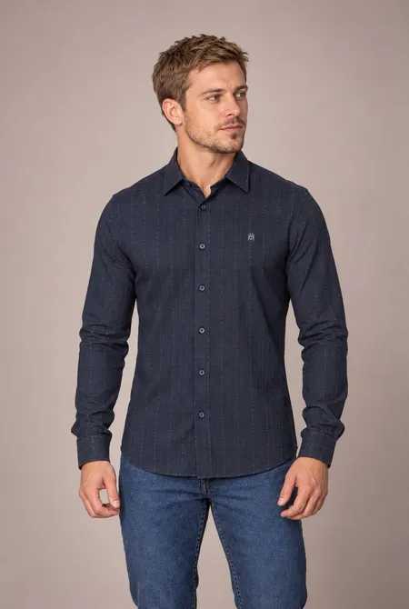 Camisa Manga Longa Slim Azul Cruzeiro