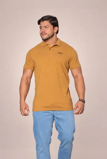 Polo Manga Curta Slim Colmeia Mostarda