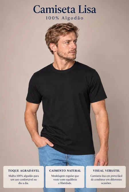 Camiseta Básica Algodão Preto Camiseta Básica Algodão Preto