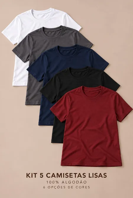 Kit 5 Camisetas Básicas Lisas Algodão