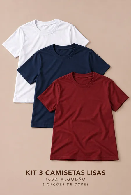  Kit 3 Camisetas Básicas Lisas Algodão